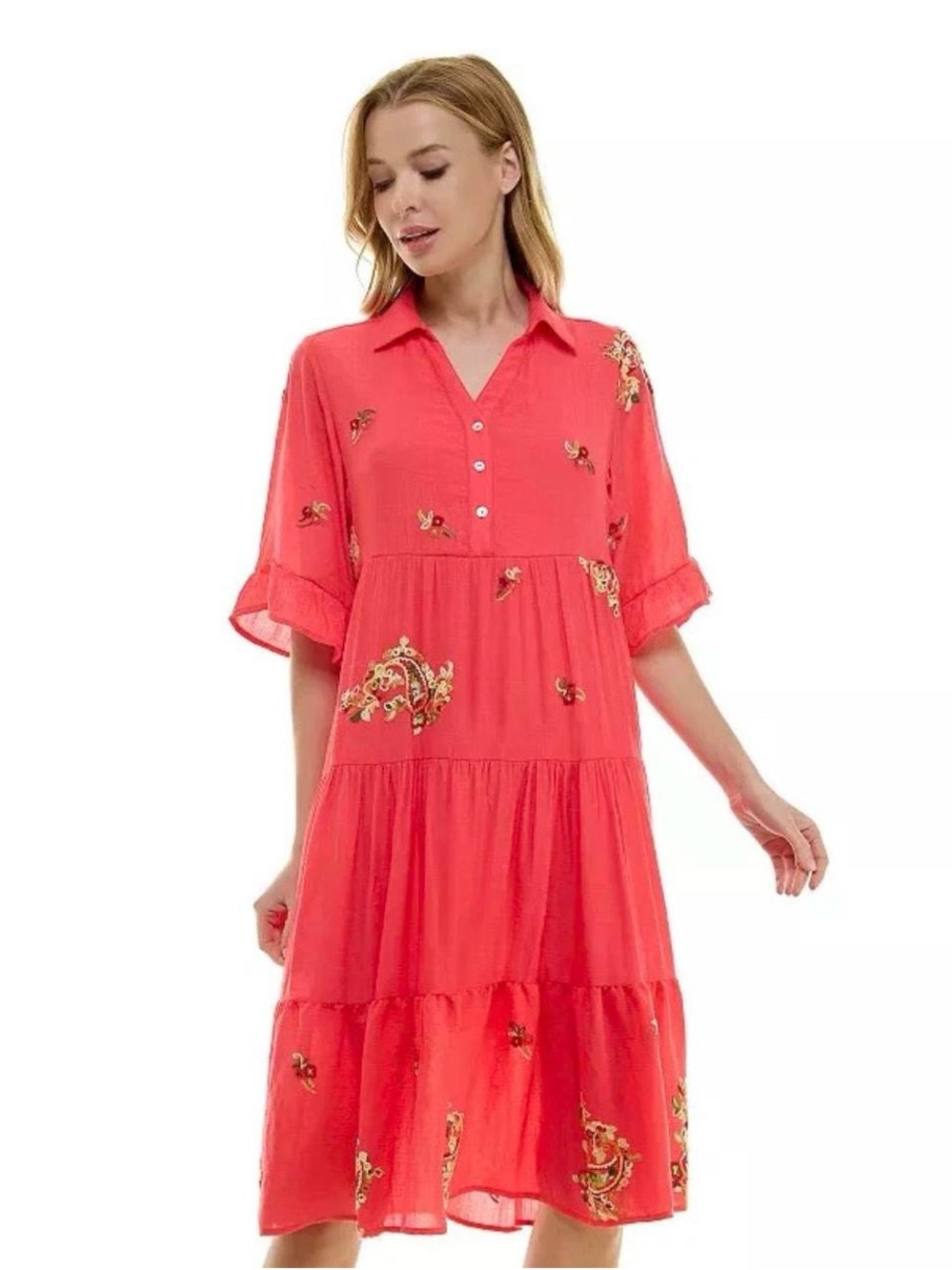 fig and flower Coral Tiered Embroidered Collared Midi Dress